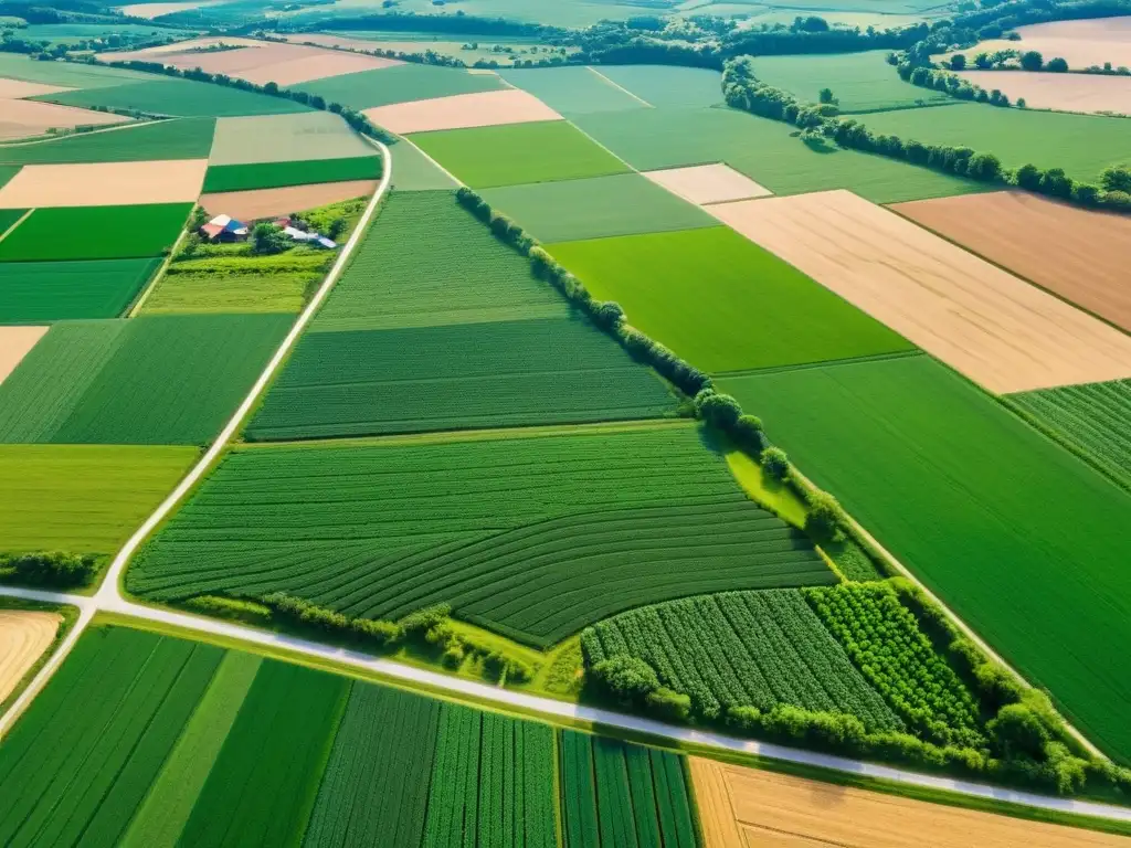 Desarrollo rural: Impacto visual de fondos de inversión agrícola Fotografía aérea de una comunidad agrícola rural, con granjas, campos verdes y redes de caminos rurales