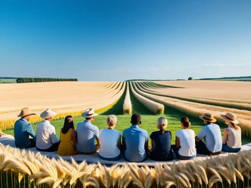 Campo de trigo dorado: meditación y armonía Mediación agraria para salvar explotación: paisaje rural de trigo dorado, agricultores en círculo bajo el sol discutiendo con un mediador