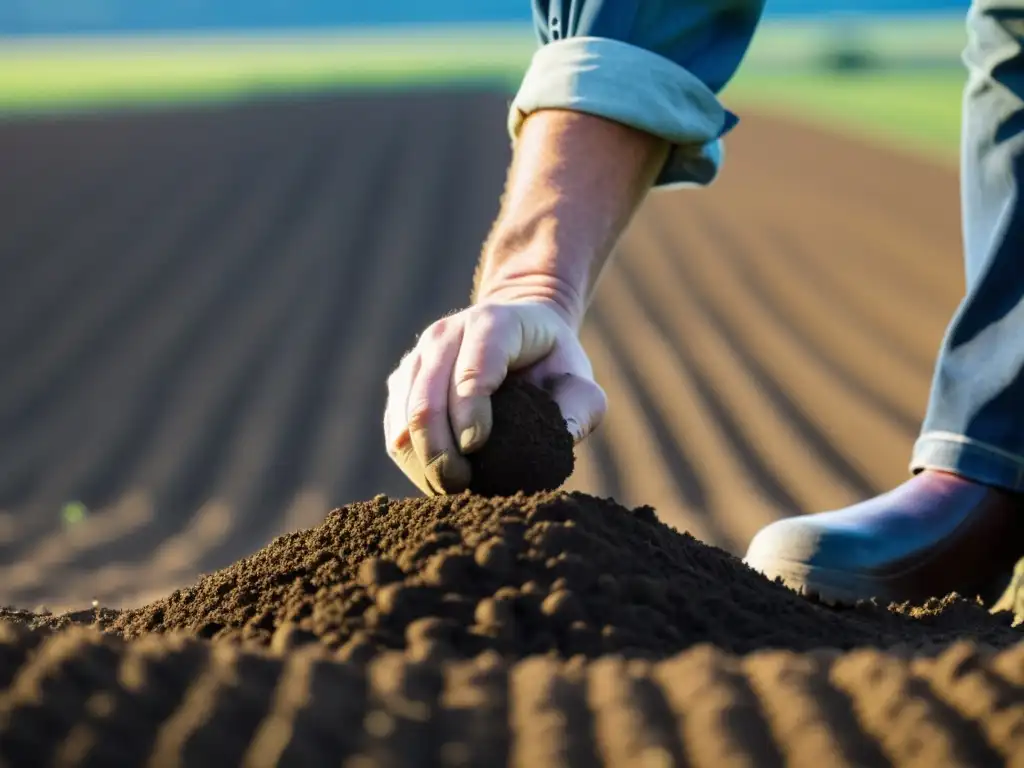 Experto agrícola inspecciona suelo fértil Un agricultor inspecciona detalladamente la calidad del suelo en un campo agrícola soleado, destacando la inversión en fondos agrícolas