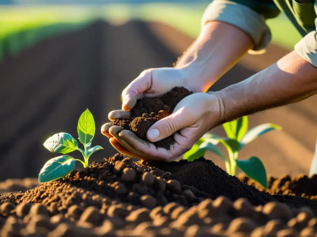 Inspección agrícola: El impacto real en los agricultores Un agricultor examina la calidad del suelo en un campo soleado, con tierra rica en sus manos