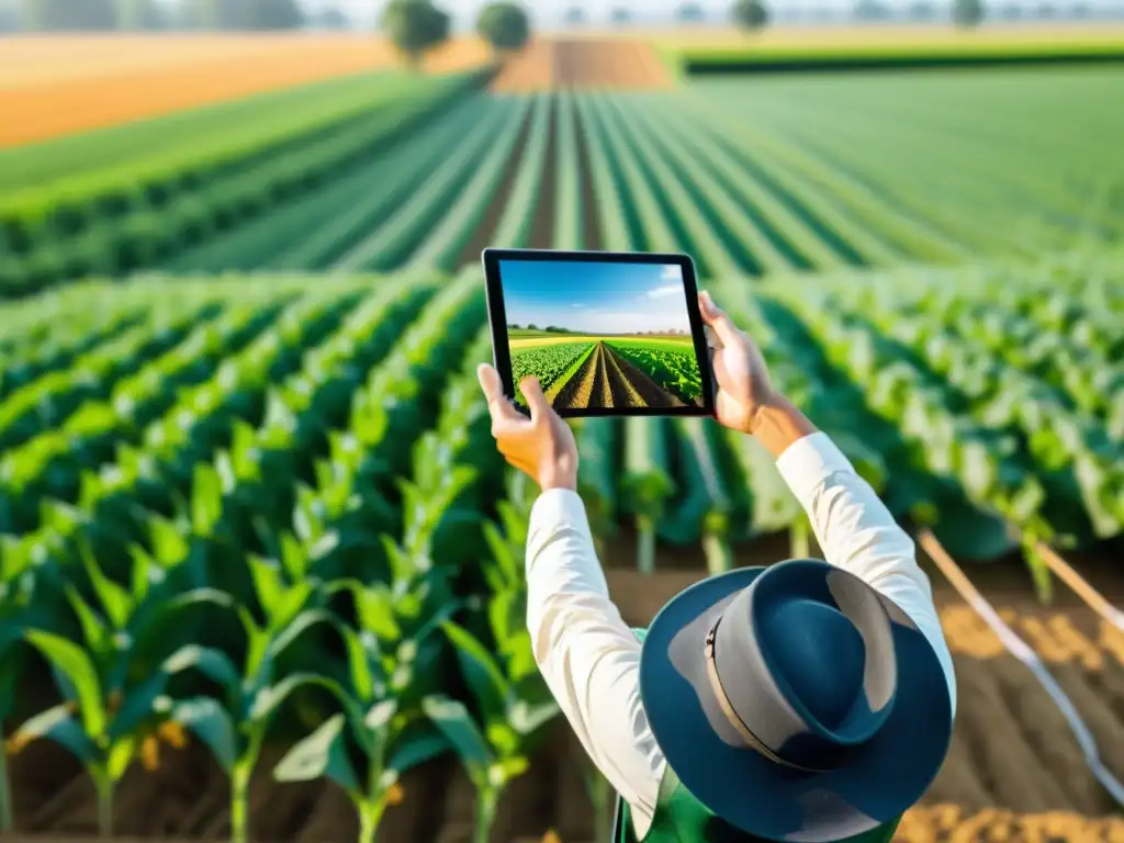 Campesino moderno supervisando cultivos en un campo verde Un agricultor en un campo verde utiliza una tablet para monitorear los cultivos