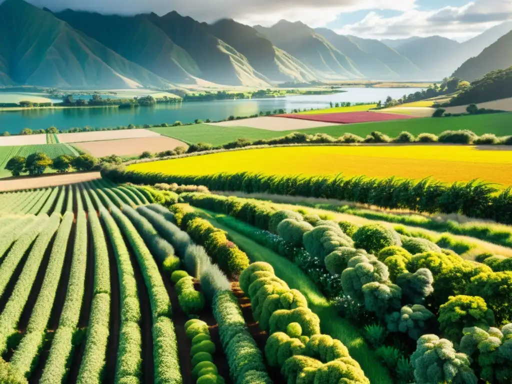 Espléndido paisaje agrícola en Nueva Zelanda Un agricultor cuida de coloridos cultivos en Nueva Zelanda, con regulación de semillas para preservar la biodiversidad agrícola