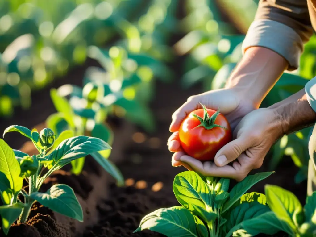 Inspección minuciosa del agricultor en campo de cultivos Un agricultor inspecciona con cuidado sus cultivos en un campo soleado