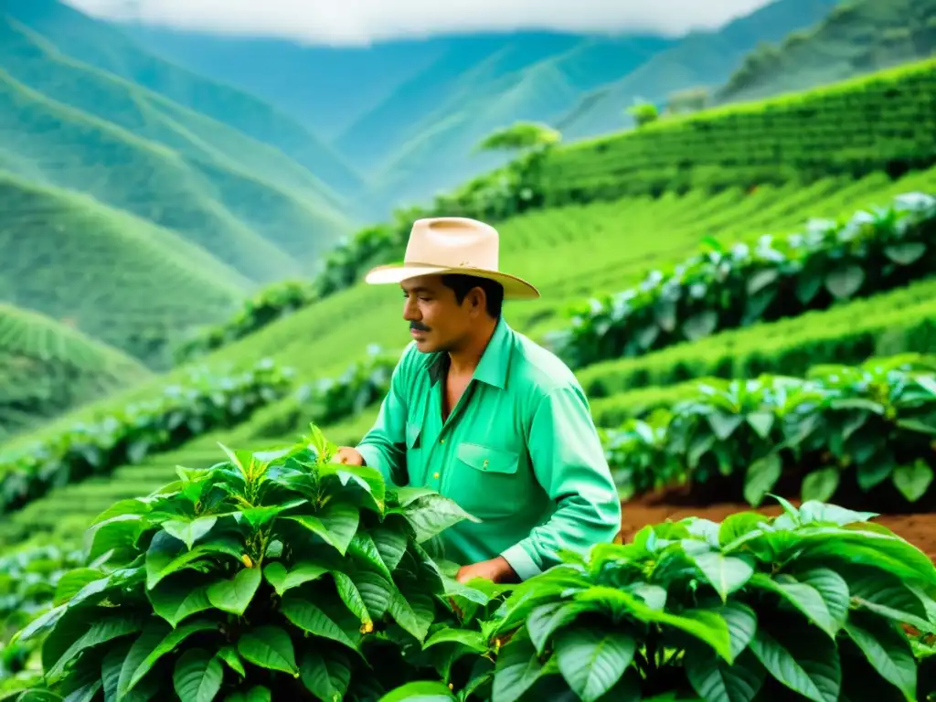 Plantación de café sostenible en Colombia: fertilización orgánica Un agricultor aplica con cuidado fertilizante orgánico en una plantación de café en Colombia