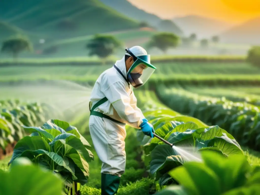 Aplicación cuidadosa de pesticidas orgánicos en campos verdes de Asia Un agricultor en Asia aplica con cuidado pesticidas orgánicos en un campo verde exuberante, siguiendo las regulaciones de agricultura sostenible