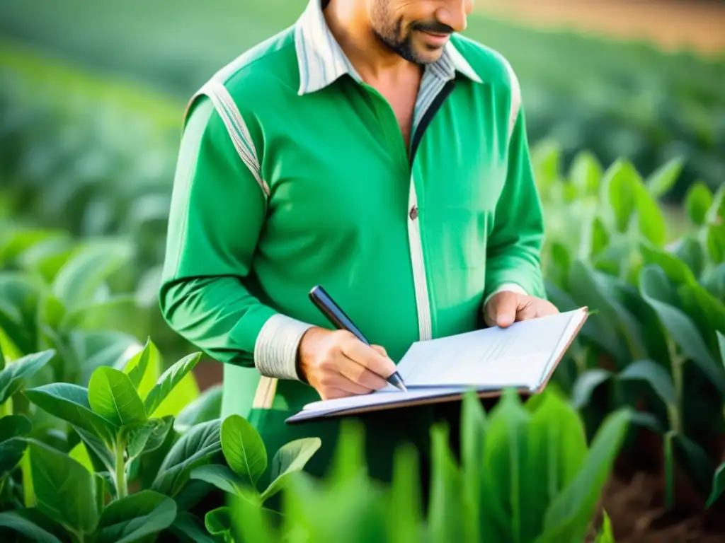 Inspección detallada del agricultor: gestión estratégica en cultivos Un agricultor inspecciona detenidamente sus cultivos en un campo soleado