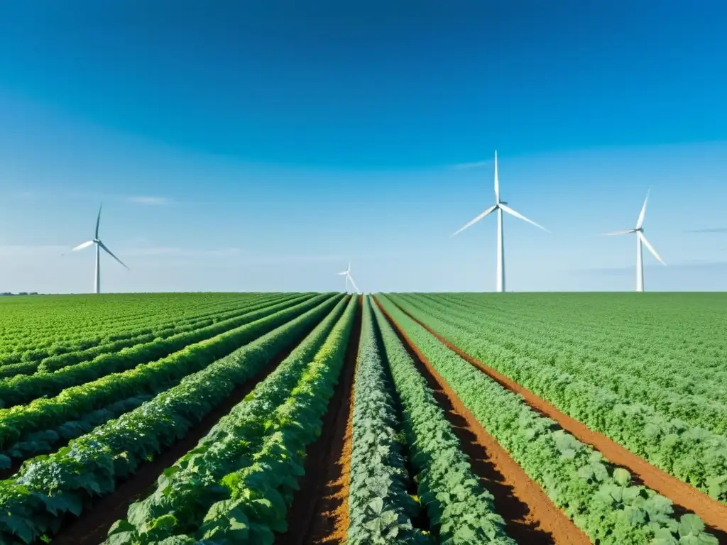 Armonía agrícola: cultivos sostenibles bajo el sol Un agricultor cuida de sus cultivos en un campo verde bajo el cielo azul