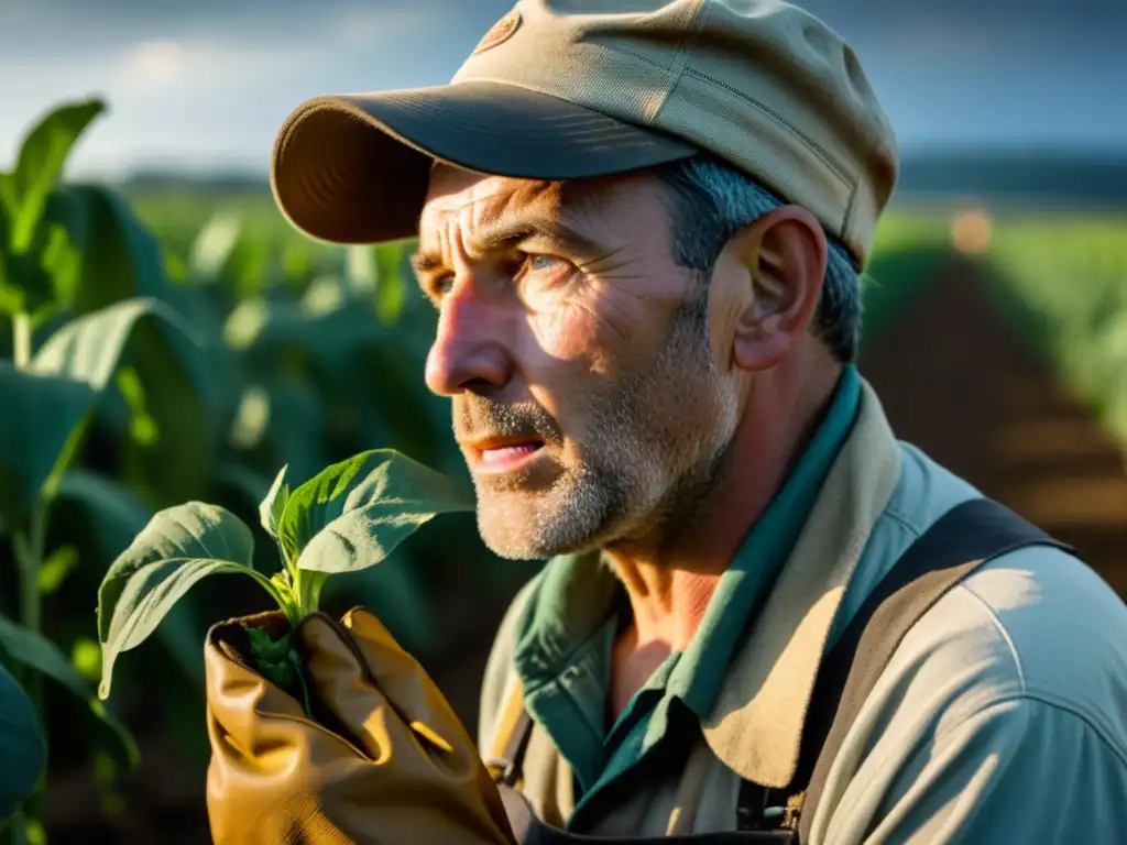 Inspección del daño de cultivos: expresión preocupada del agricultor Un agricultor examina daños en cultivos por mal tiempo, con expresión preocupada