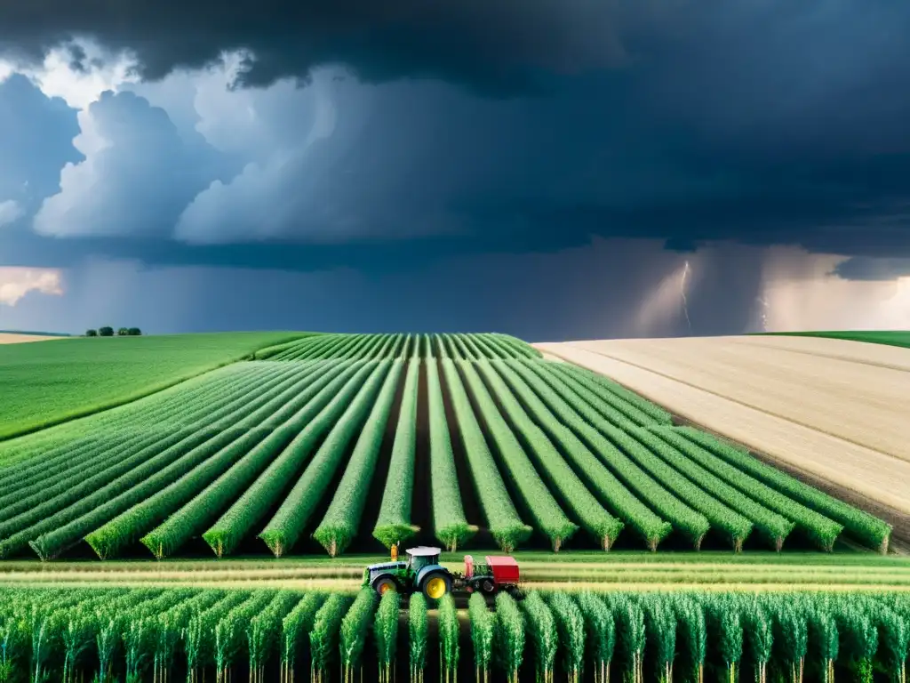 Análisis agrícola: clima, cosechas y mercado Un agricultor analiza datos climáticos y tendencias del mercado agrario en un paisaje de cultivos