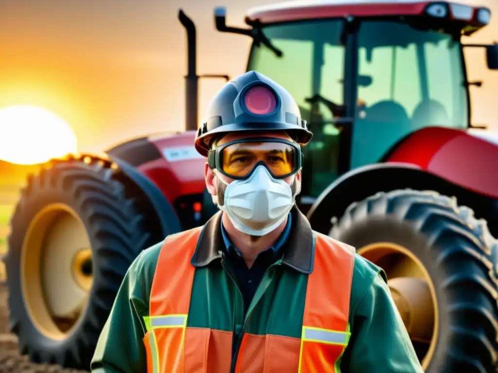 Protección profesional en maquinaria agrícola: detalles en alta resolución Un agricultor con equipo de protección completo junto a una moderna maquinaria agrícola