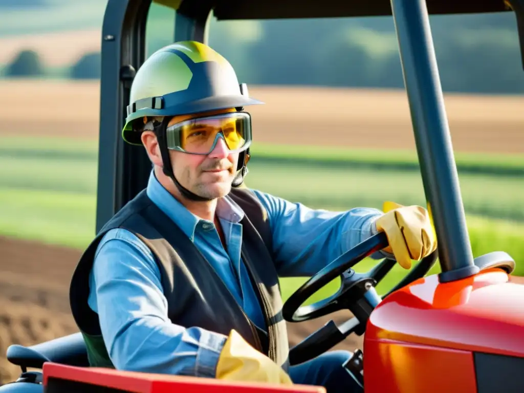 Retrato de un agricultor con equipo de protección en tractor Un agricultor con equipo de protección completo maneja un tractor en un campo soleado, enfocándose en la importancia de la protección en la maquinaria agrícola