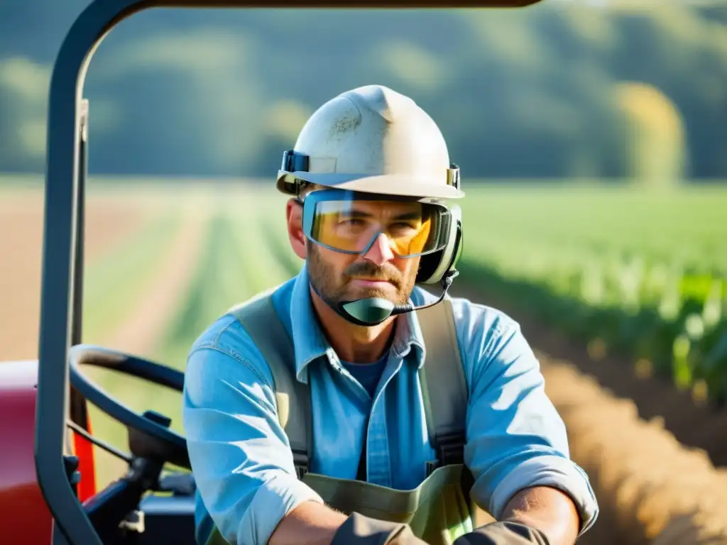 Agricultor protegido operando maquinaria agrícola Un agricultor con equipo de protección operando maquinaria agrícola en un campo soleado, resaltando la importancia de la seguridad en el sector