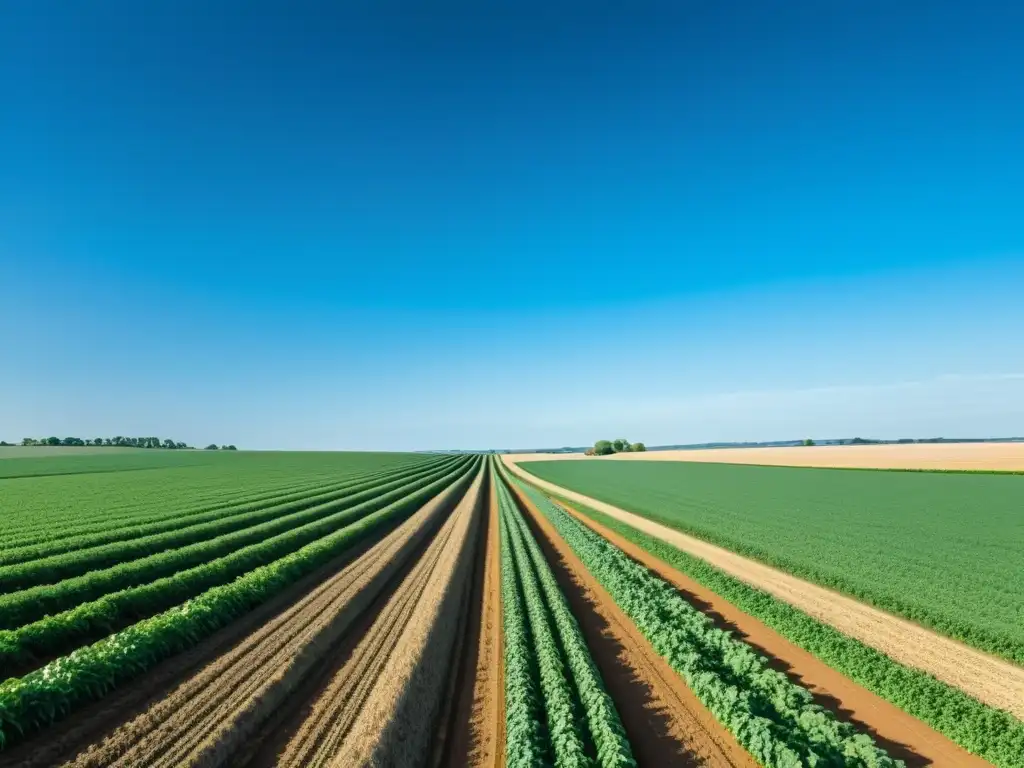 Trabajo rural: Campesino cuidando cultivos bajo cielo azul Un agricultor trabaja en un paisaje rural con campos de cultivo extensos bajo un cielo azul