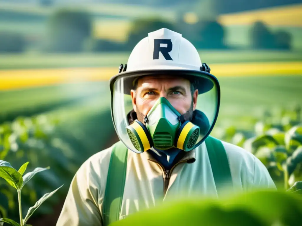 Aplicación segura de pesticidas: Detalles en campo soleado El agricultor aplica pesticidas en un campo soleado, cumpliendo normativas legales fertilizantes y pesticidas