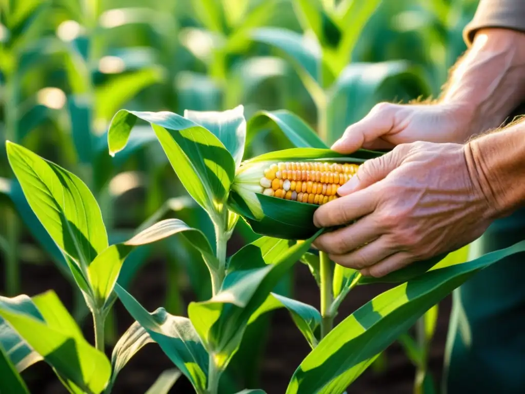 Inspección detallada de cultivos de maíz modificado genéticamente Un agricultor examina detalladamente plantas de maíz transgénico en un campo soleado