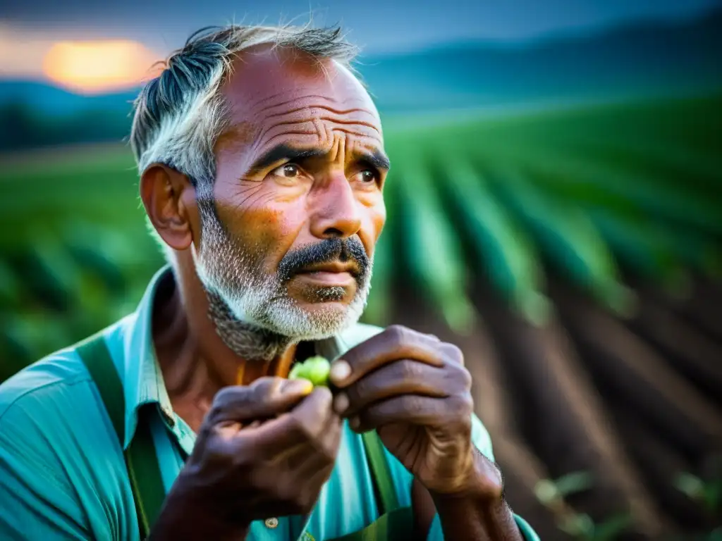 Inspección de Daños en Cosechas: Impacto Emocional Un agricultor examina con preocupación sus cultivos dañados por condiciones climáticas extremas