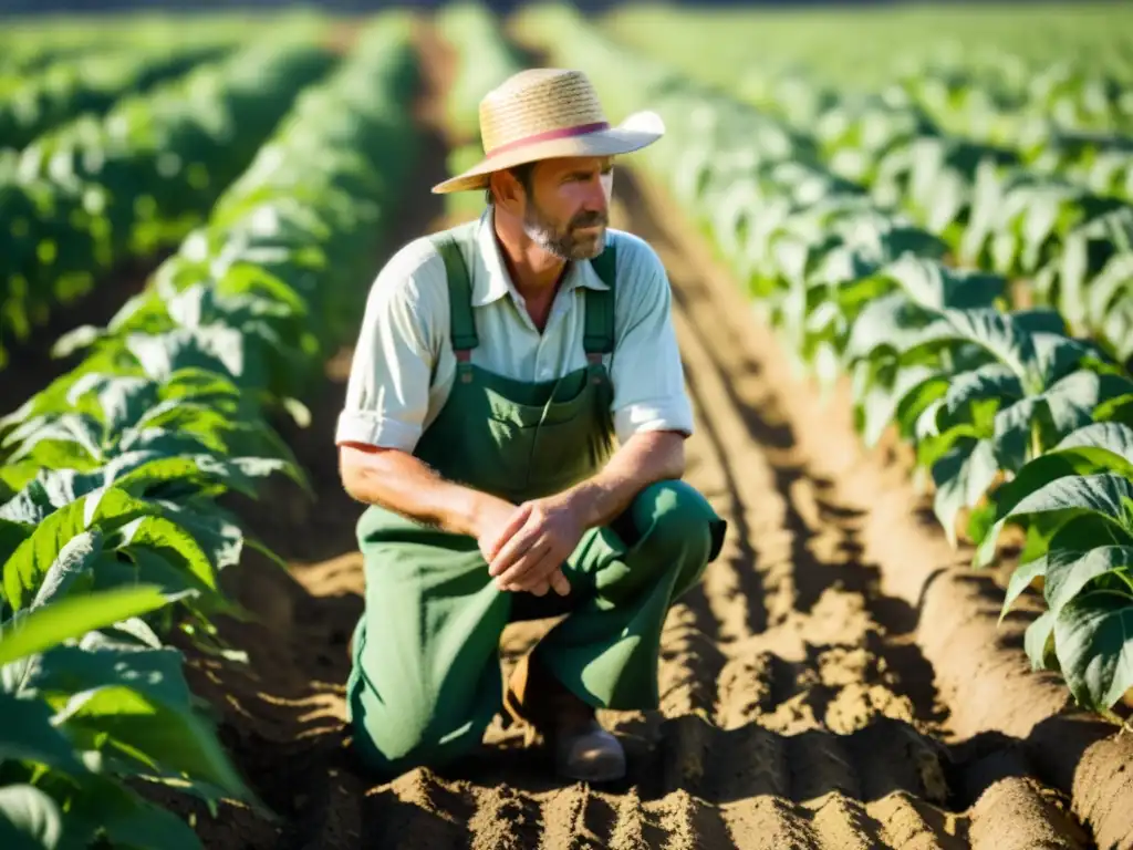 Inspección detallada del agricultor en campo dañado Un agricultor preocupado inspecciona cultivos dañados en un campo soleado