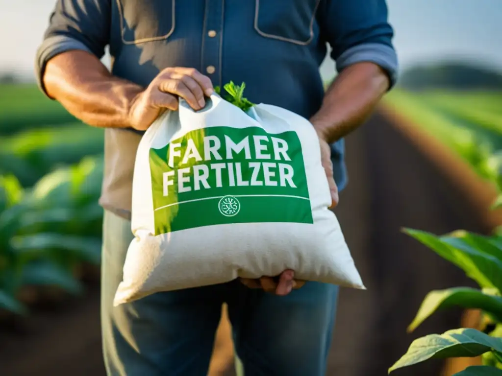 Inspección meticulosa del agricultor: fertilizantes y cultivos Un agricultor inspecciona con seriedad un saco de fertilizante, resaltando la textura de sus manos