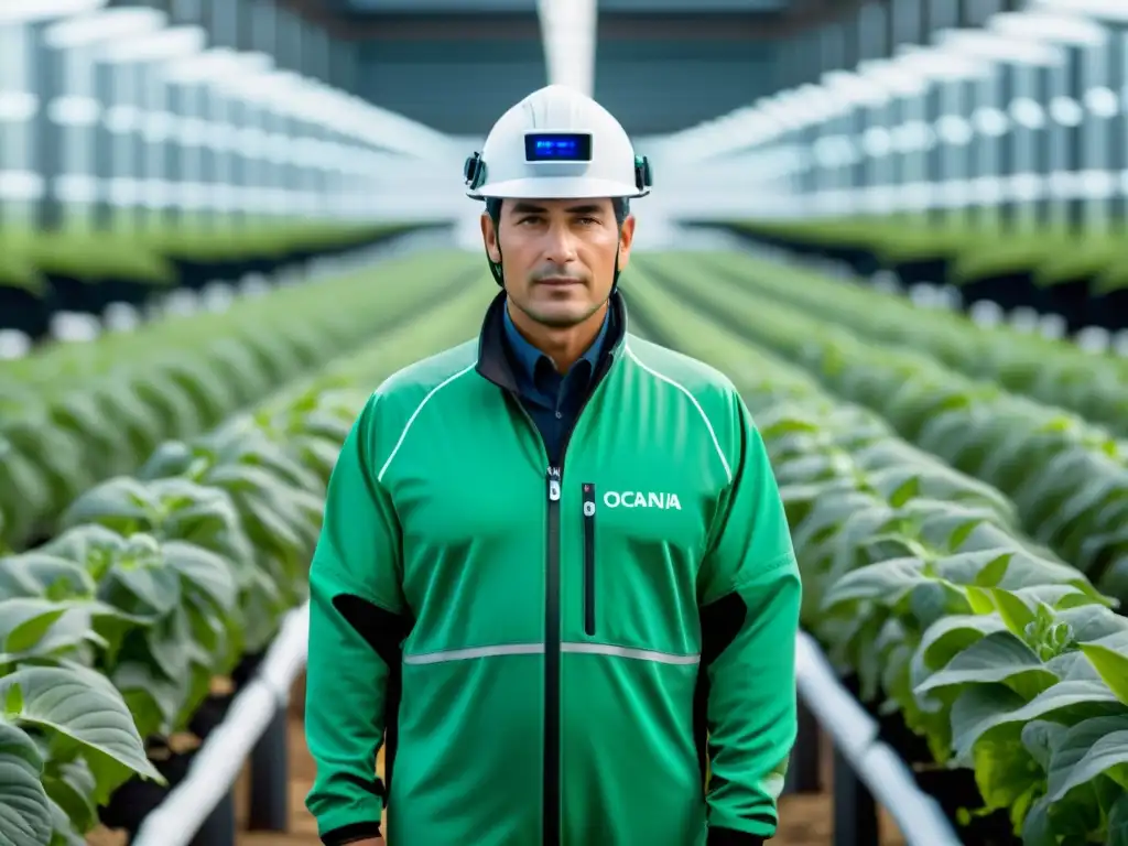 Agrofuturo en Oceanía: Tecnología biométrica en cultivos Un agricultor en Oceanía usa tecnología biometrica para monitorear cosechas modificadas genéticamente en una instalación agrícola futurista