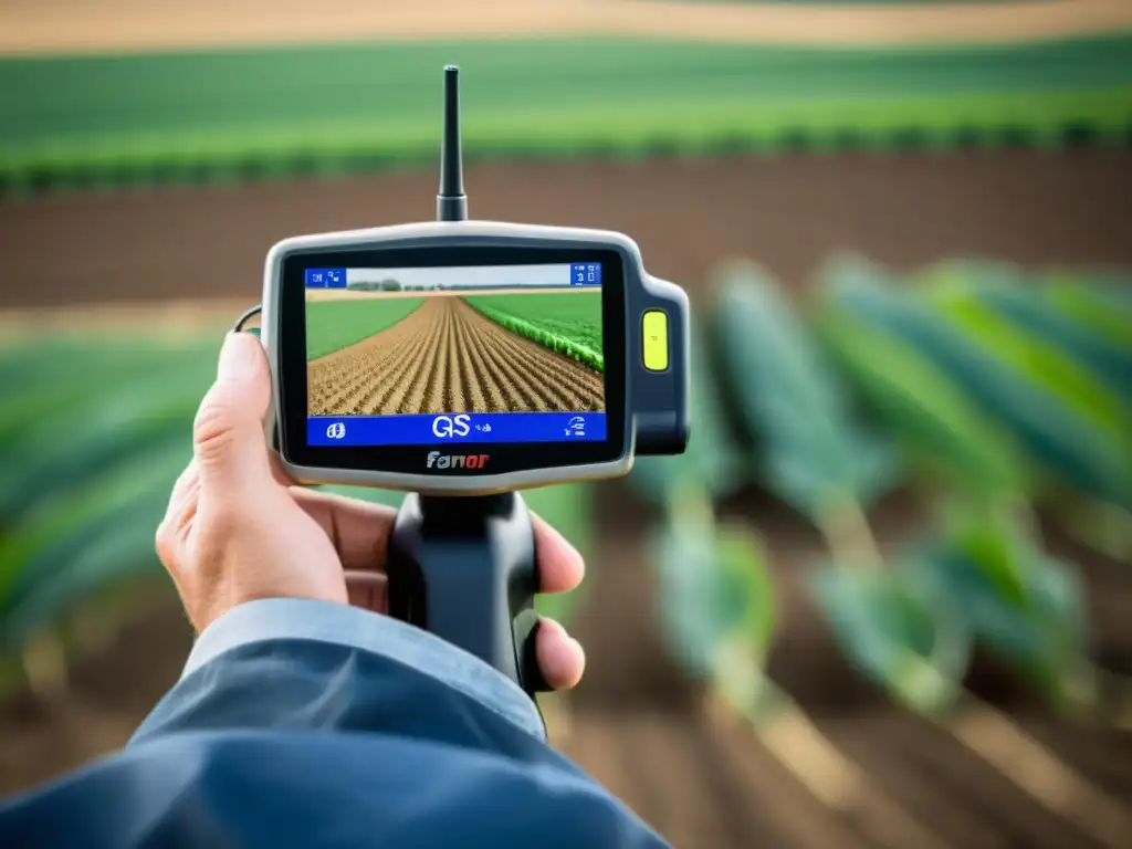 Granjero moderno usando GPS para plantar cosechas Un agricultor utiliza tecnología GPS para sembrar cultivos con precisión en un campo