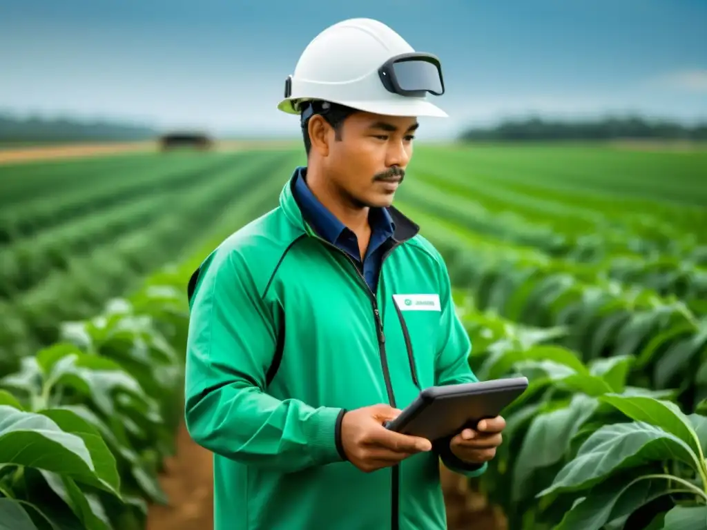 Granjero moderno utilizando bioseguridad digital Un agricultor en Oceanía usa tecnología digital de bioseguridad para proteger sus cultivos