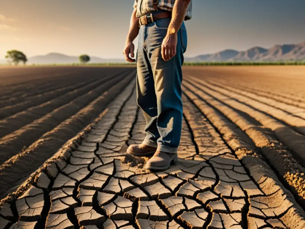 Impacto del cambio climático en la agricultura: ¡Urge actuar! Un agricultor examina la tierra reseca en un campo soleado, con cultivos marchitos al fondo, mostrando el impacto del cambio climático en los mercados futuros agrarios
