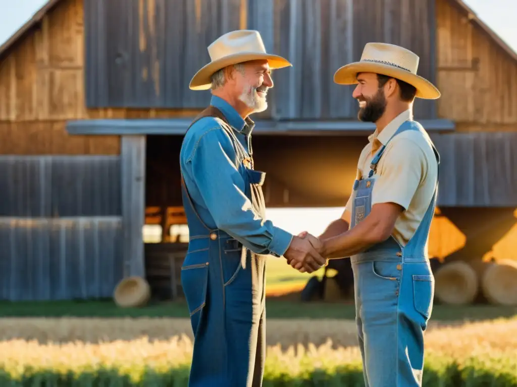 Tradicional saludo de granjeros al atardecer Dos agricultores se estrechan la mano frente a un granero rústico al atardecer, transmitiendo una sensación de autenticidad y tradición en la mediación agraria para salvar explotación