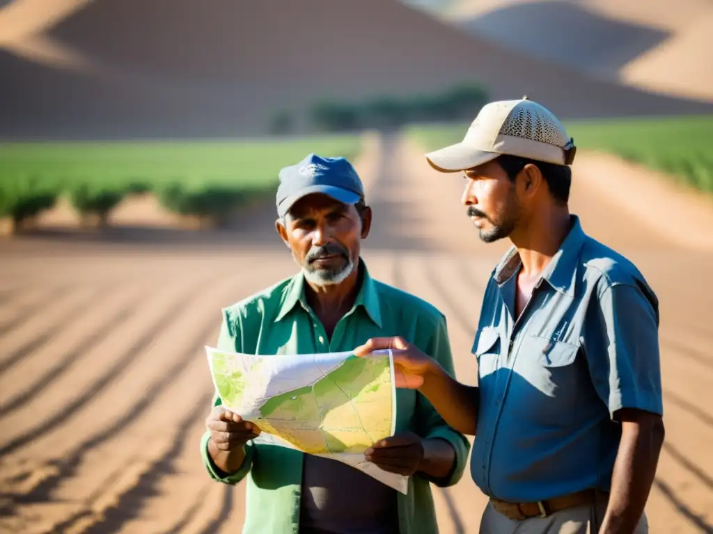 Conversación crucial: gestión del agua en tierras áridas Dos agricultores discuten técnicas de gestión del agua en un paisaje árido
