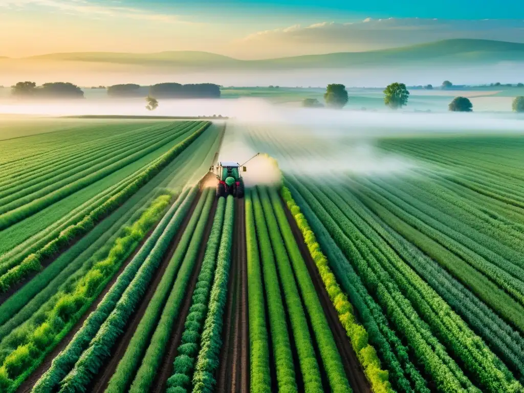 Maquinaria agrícola GPS en paisaje rural al amanecer Un amanecer en un paisaje agrícola rural con cultivos verdes y rastros de tractor