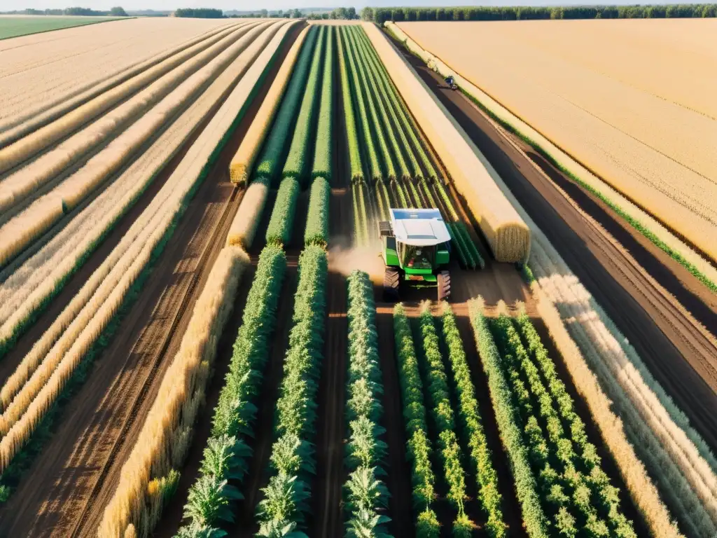 Avance agrícola: tecnología y trabajo en la cosecha Amplio campo agrícola bañado por el sol, donde la automatización y el derecho laboral se entrelazan en una escena de cosecha moderna y tradicional