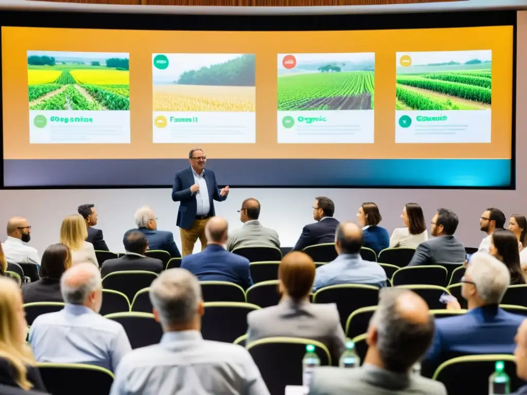 Conferencia orgánica: expertos en acción Animada discusión en congreso sobre producción ecológica con expertos compartiendo conocimientos y audiencia participativa