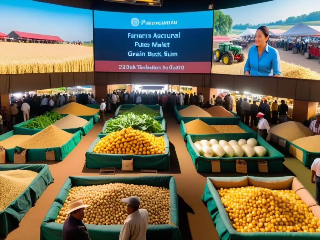 Mercado de futuros agrícolas: sol radiante, precios cambiantes Un animado mercado de futuros para cosecha, bañado por la cálida luz del atardecer