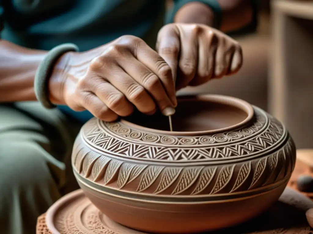Artesano tallando cerámica: tradición y destreza artesanal Artesano tallando detalladamente una artesanía rural, destacando la tradición y destreza