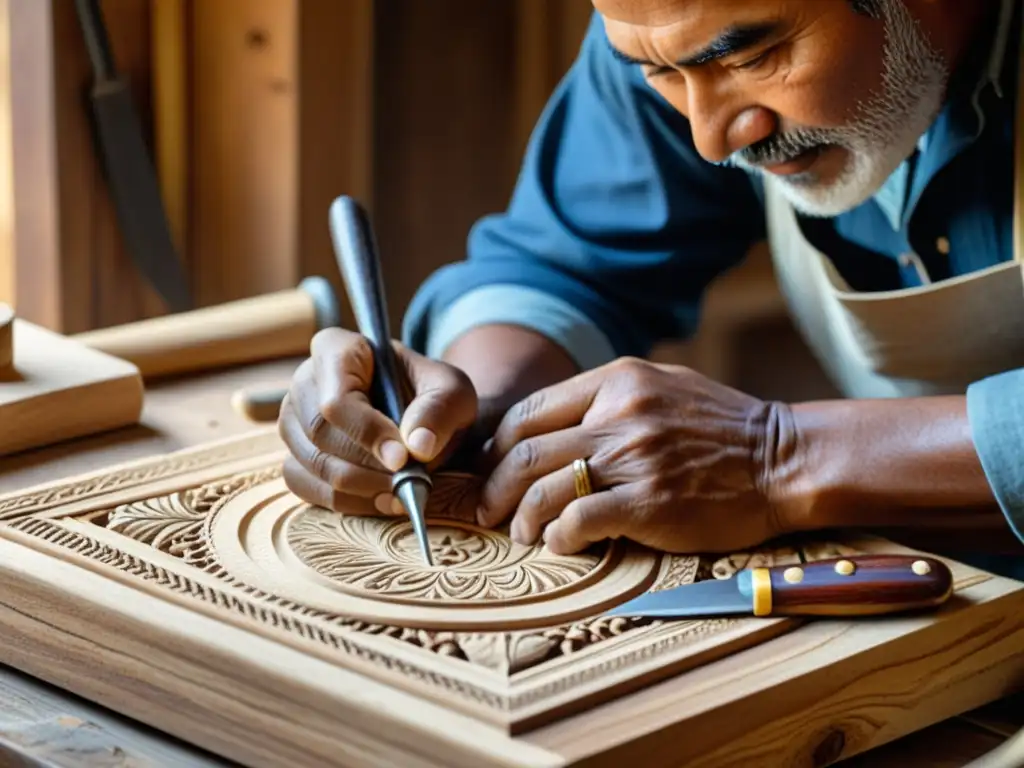 Artesano rural esculpiendo madera: tradición y destreza Artesano rural tallando con dedicación patrones en madera