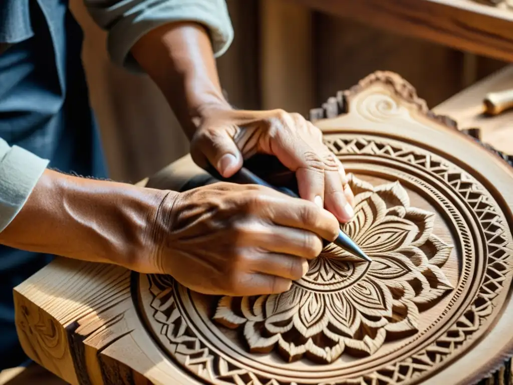 Artesano rural tallando madera: autenticidad artesanal Un artesano rural talla con cuidado diseños en madera, resalta la textura y su habilidad