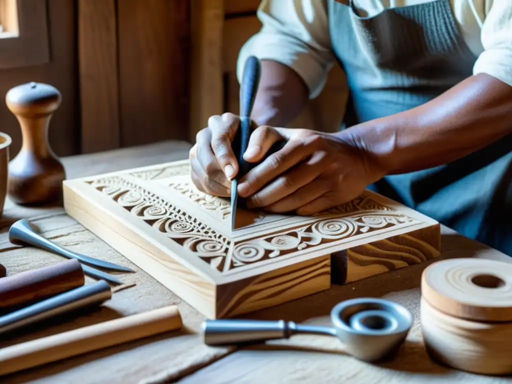 Tallado artesanal: Maestría en madera rural Un artesano rural talla con cuidado patrones en madera