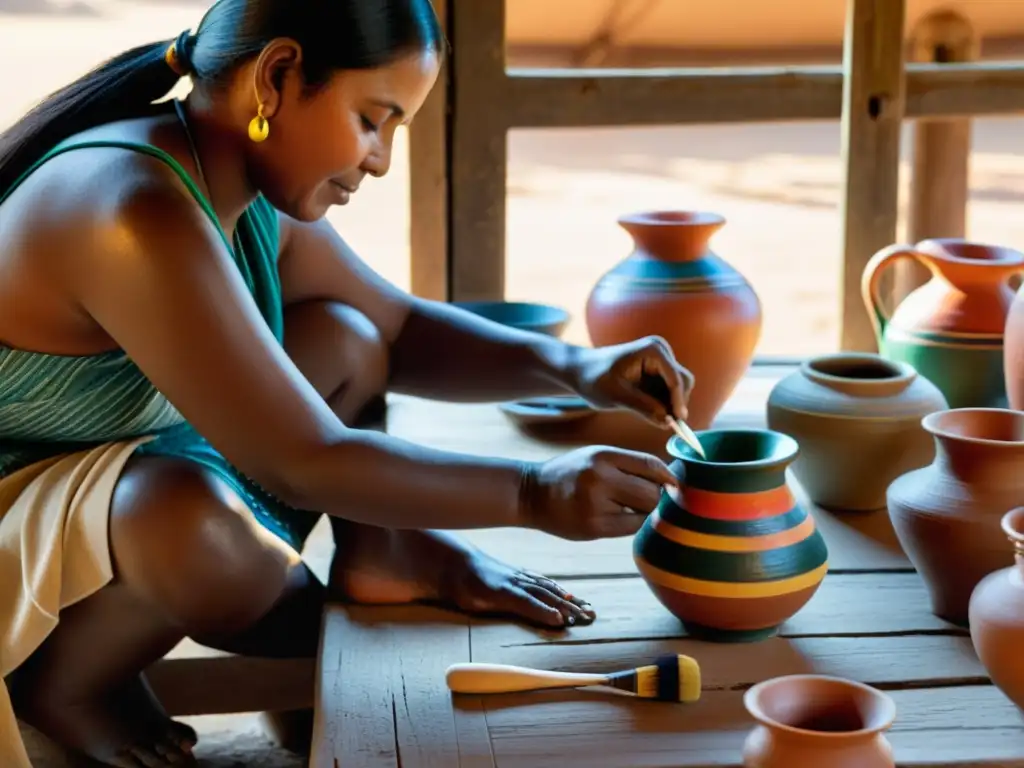 Artesanos rurales creando cerámica Artesanos rurales crean coloridas artesanías en una mesa de madera iluminada por el sol