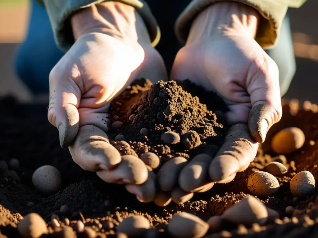Manos del agricultor: Conexión atemporal con la tierra Las ásperas manos de un granjero sostienen tierra fértil