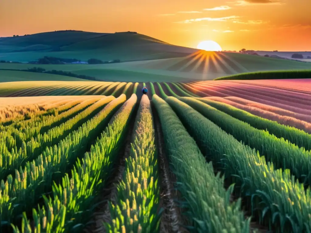 Atardecer dorado en campo de trigo: la dedicación del agricultor Un atardecer dorado sobre un extenso campo de trigo, con un agricultor inspeccionando la cosecha