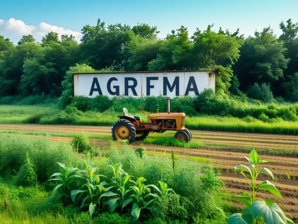 Agrifirma: El fracaso de un sueño agrícola Un campo agrícola abandonado y cubierto de maleza, con maquinaria en ruinas y un letrero desgastado que dice 'Agrifirma'