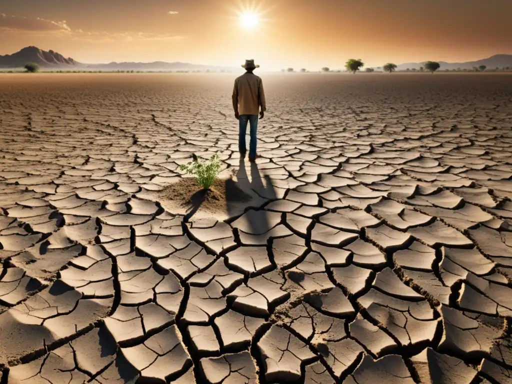 Campo reseco y agónico: impacto climático en la agricultura Campo agrietado y reseco bajo el sol abrasador, reflejando el impacto del clima en los mercados futuros agrarios