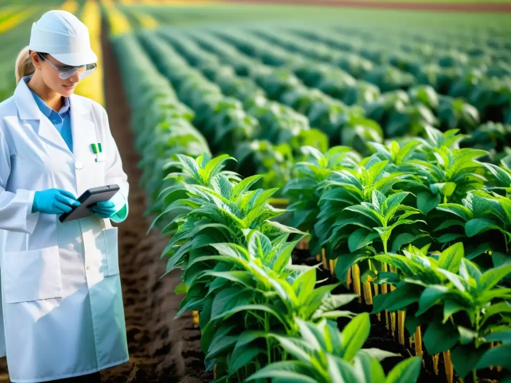 Avances en Biotecnología Agrícola: Cosechas Genéticamente Modificadas Un campo de cultivo genéticamente modificado con plantas vibrantes y científicos examinando las cosechas