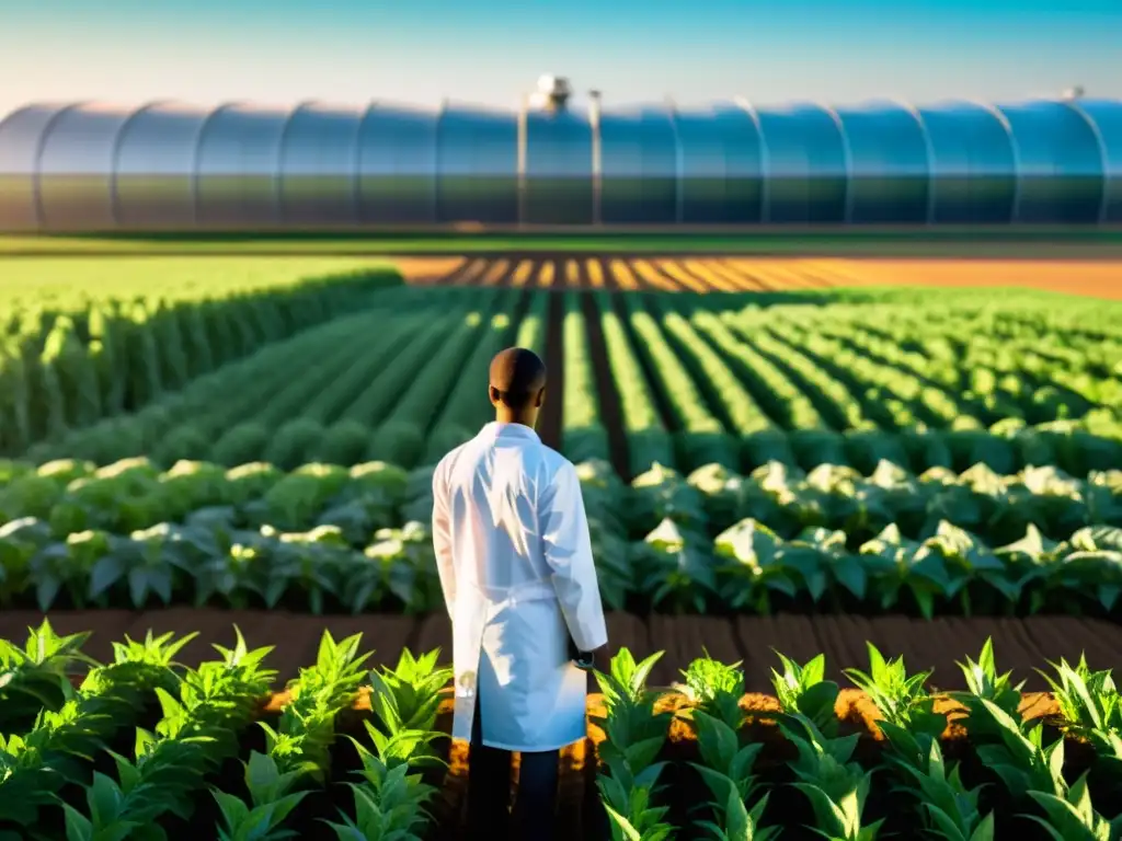Campo de cultivos transgénicos: Innovación y sostenibilidad agrícola Un campo de cultivos genéticamente modificados muestra plantas sanas y vibrantes, con riego y manejo del suelo controlados