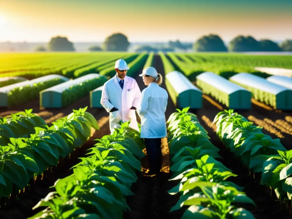 Innovación en el campo: Cultivos modificados y colaboración científica Campo de cultivos transgénicos con tecnología y colaboración en biotecnología agraria