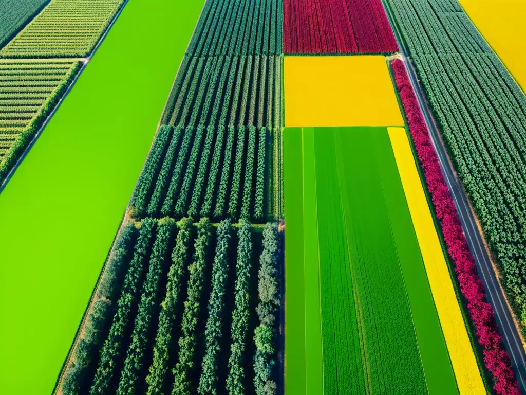 Imagen aérea de campo agrícola diverso Campo agrícola diverso con cultivos vibrantes que muestran la importancia del fertilizante adecuado y el análisis de suelos en la agricultura