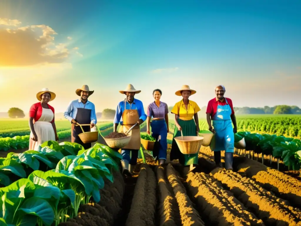 Comunidad agrícola diversa trabajando en armonía Un campo agrícola expansivo bañado por el sol, donde agricultores diversos trabajan juntos en tareas de plantación, cosecha y cuidado del ganado
