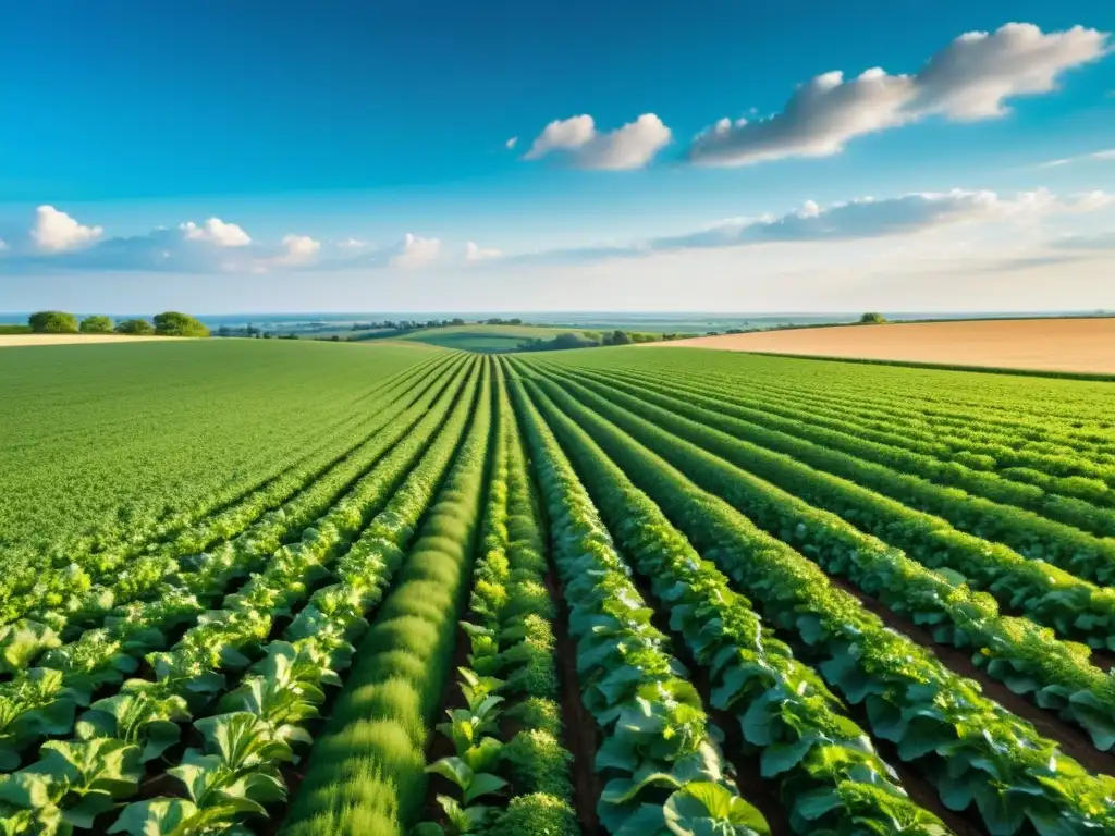 Campo agrícola exuberante en 8k: cultivo bajo el sol dorado Un campo agrícola exuberante bañado por la luz dorada del sol, con cultivos ordenados y un tractor moderno al fondo