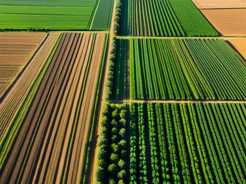 Campo agrícola próspero bajo el sol: inversión estratégica en acción Un campo agrícola exuberante y bien cuidado, con cultivos en filas y sistemas de riego