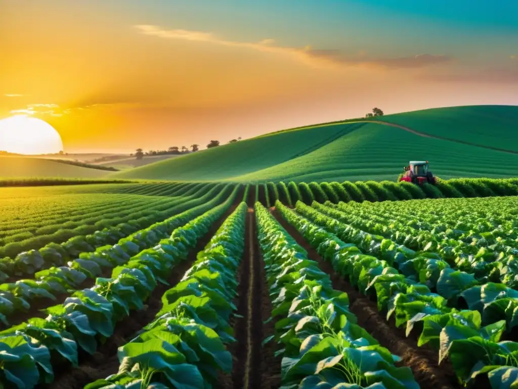 Campo agrícola sostenible: crecimiento y armonía Campo agrícola exuberante con cultivos saludables, sol poniente y agricultor