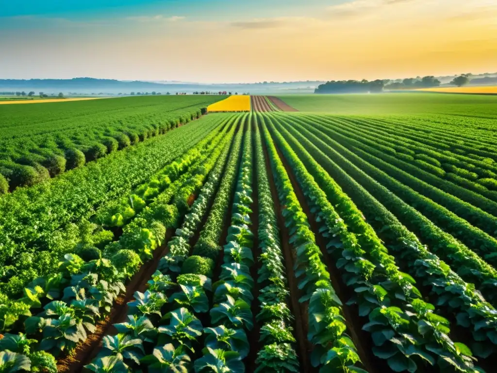 Verde exuberante: labrando la armonía en la naturaleza Un campo agrícola exuberante se extiende hasta el horizonte, bañado por el cálido resplandor dorado del sol